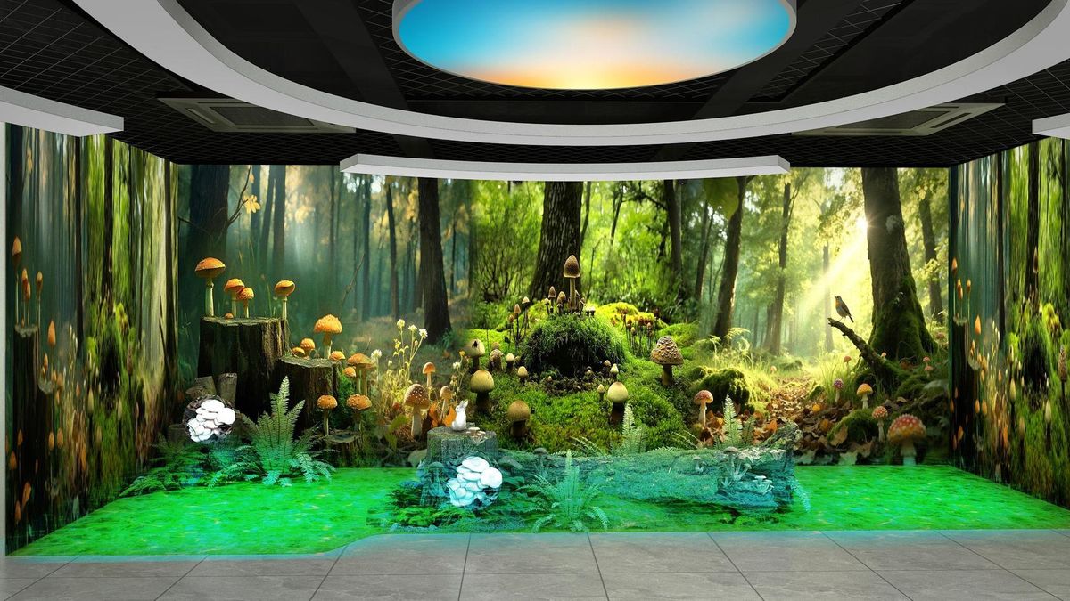 生物科技企业总部展厅沉浸式多媒体厅实景,环形巨幕与森林意象光影